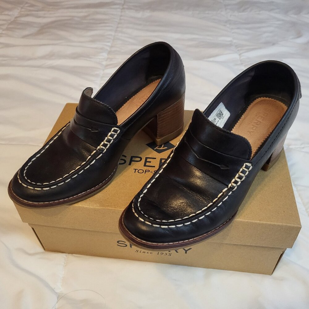 Sperry Womens Seaport Penny Heel Slip-On Shoes - Black. Size 6